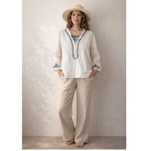 Subtle Luxury White 100% Cotton Embroidered Boho Top Size S M